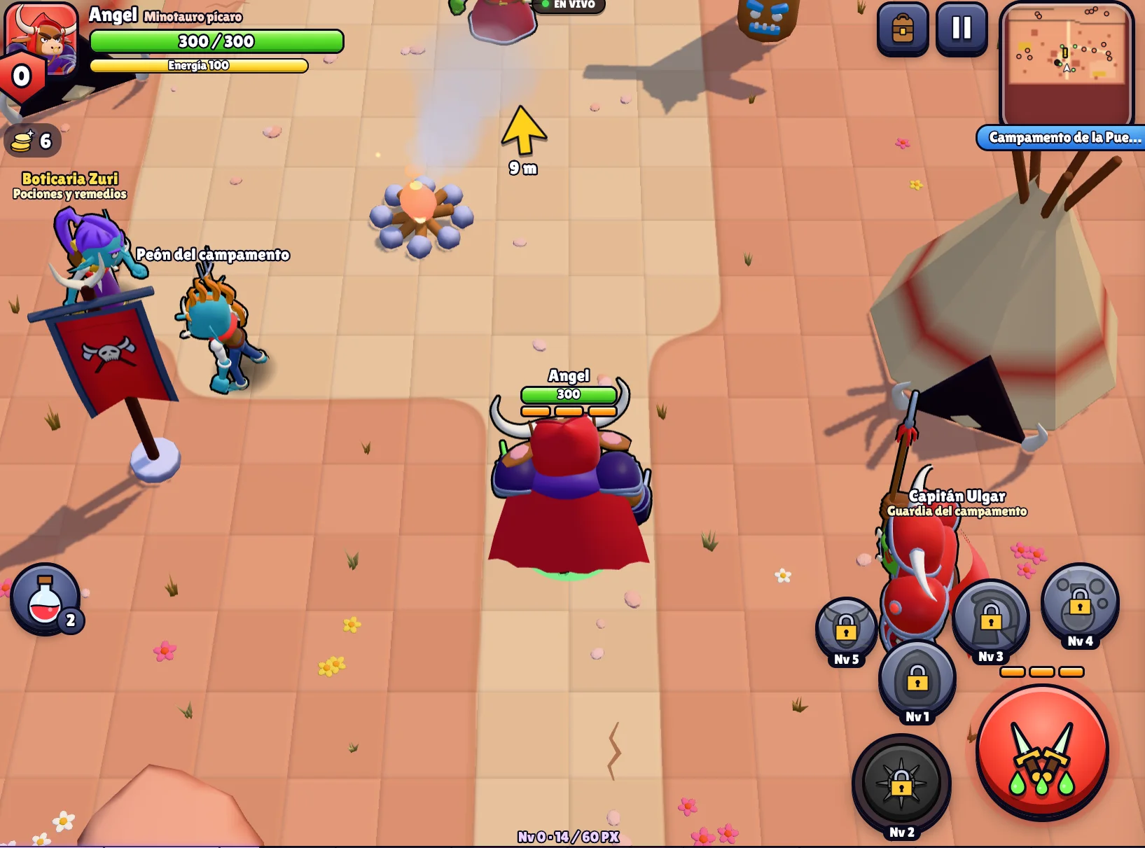Partida en el Campamento de la Puerta, con el joystick, el botón rojo y la Súper en pantalla