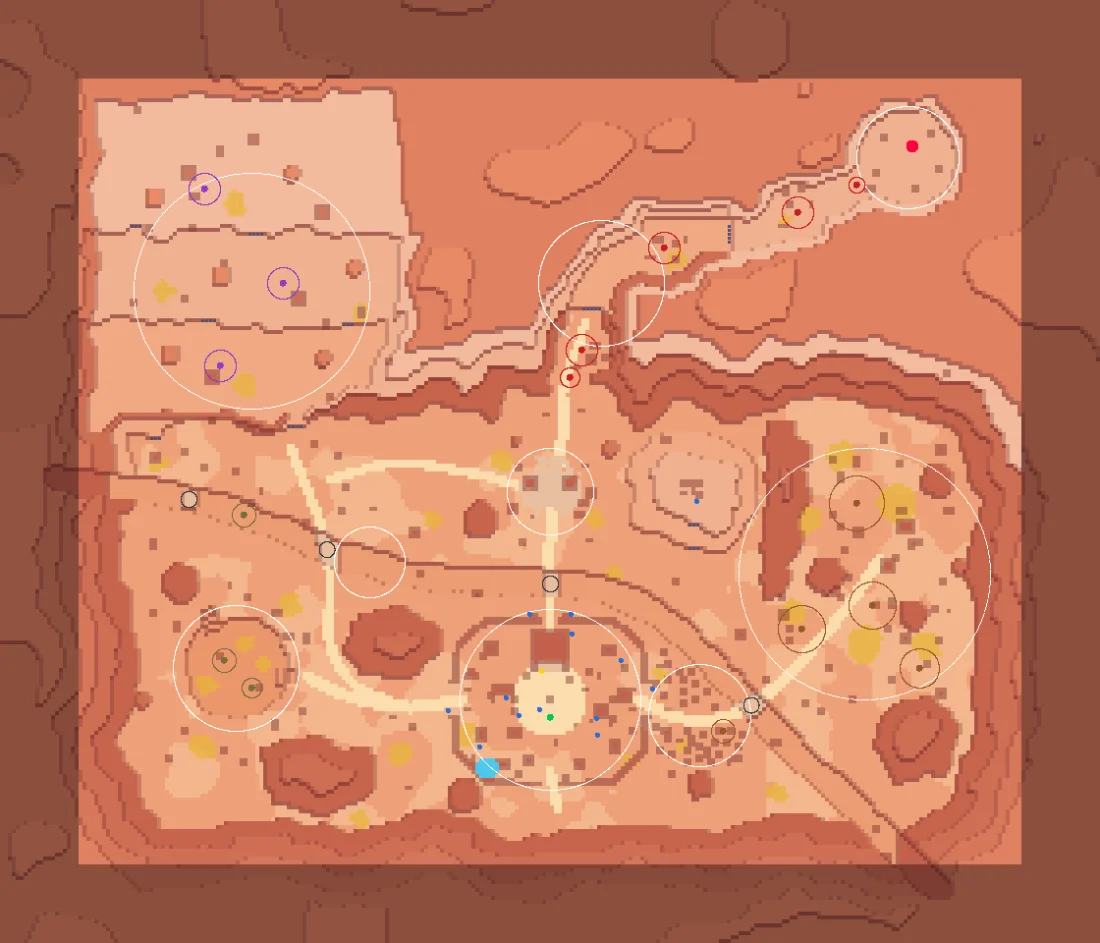 Mapa del Cañón Rojo con el Campamento de la Puerta, la llanura, el cañón de los escorpiones y los riscos