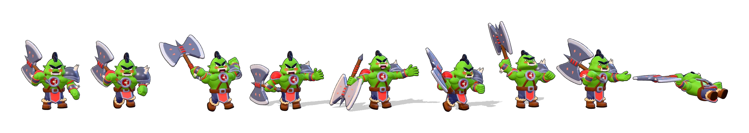 Tira de animación de un guerrero orco: reposo, correr, hachazo, salto y remate