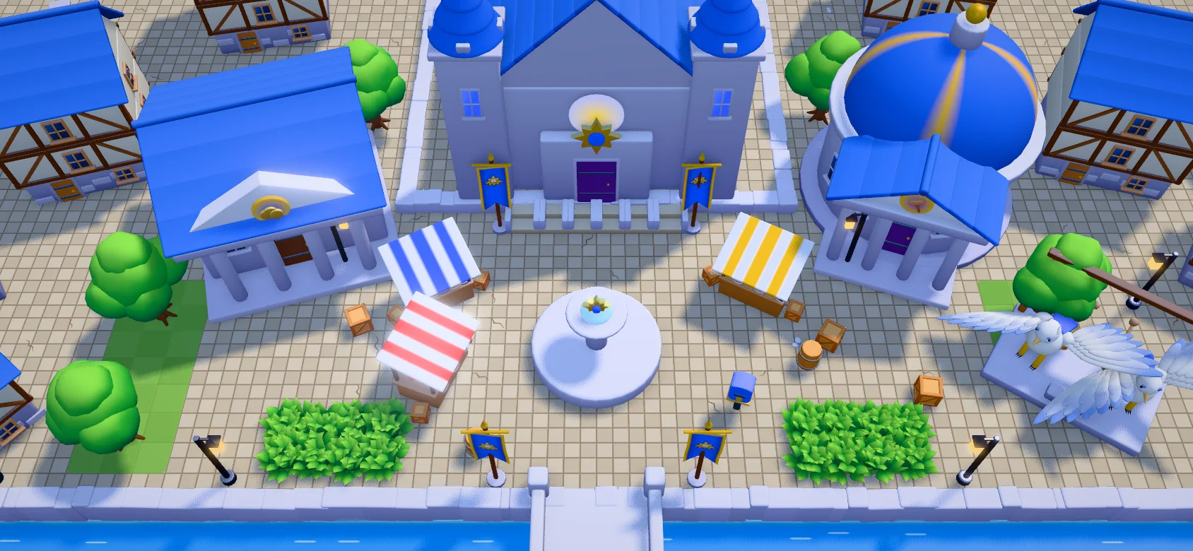 Albaluz: plaza de piedra blanca con tejados azules, catedral y grifos